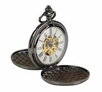 TruClothing Classic Mechanical Black Coin Fob Pocket Watch Peaky Vintage Skeleton Automatic with Chain and Pouch