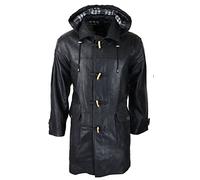 TruClothing.com Mens Black Real Leather Duffle Jacket Coat Toggle Classic Fisherman Hooded 3/4