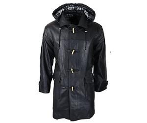 TruClothing.com Mens Black Real Leather Duffle Jacket Coat Toggle Classic Fisherman Hooded 3/4