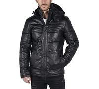 TruClothing.com Mens Puffer Hood Quilted Jacket Real Leather Black Casual Retro 80s Classic Casual
