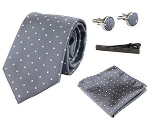 TruClothing Dotted Neck Tie Gift Set Pocket Square Cuff Links Tie Pin Polka Dot Satin - Silver 403 One Size
