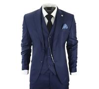 Mens Classic 3 Piece Suit Navy Blue Pocket Chain Wedding Tailored Fit Vintage Formal - Navy 52