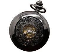 TruClothing Mechanical Skeleton Half Hunter Antique Brass Vintage Pocket Watch with Chain - Black One Size