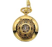TruClothing Mechanical Skeleton Half Hunter Antique Brass Vintage Pocket Watch with Chain - Gold One Size
