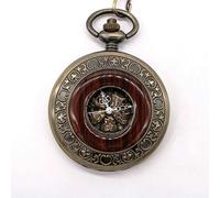 TruClothing Mechanical Skeleton Half Hunter Vintage Wooden Pocket Watch with Chain - Bronze One Size