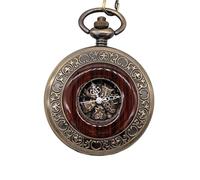 TruClothing Mechanical Skeleton Half Hunter Vintage Wooden Pocket Watch with Chain - Bronze One Size