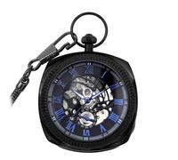 TruClothing Mechanical Skeleton Open Face Square Pocket Watch with Chain - Black Blue One Size