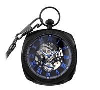TruClothing Mechanical Skeleton Open Face Square Pocket Watch with Chain - Black Blue One Size