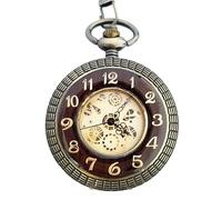 TruClothing Mechanical Skeleton Wooden Half Hunter Pocket Watch with Chain - Antique Gold One Size