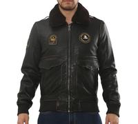 TruClothing Men’s Leather Bomber Jacket Genuine Leather Aviator Coat with Detachable Faux Fur Collar Warm Winter Outerwear - Black L