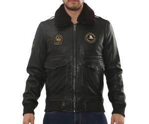 TruClothing Men’s Leather Bomber Jacket Genuine Leather Aviator Coat with Detachable Faux Fur Collar Warm Winter Outerwear - Black L