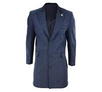 TruClothing Mens 3/4 Long Overcoat Jacket Herringbone Tweed Coat Fit Navy