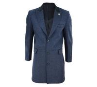 TruClothing Men's 3/4 Long Overcoat Jacket Herringbone Tweed Coat Peaky Blinders - Navy - 36