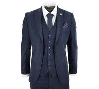 TruClothing Mens 3 Piece Navy Blue Wool Tweed Vintage Retro Suit - Navy - 42" Jacket 36" Trousers