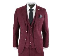 TruClothing Mens 3 Piece Wine Herringbone Wool Tweed Retro Suit - Wine - 50" Jacket 44" Trousers