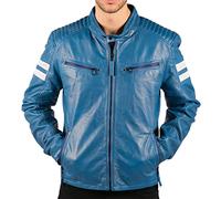 TruClothing Men's Biker Jacket Outwear Windproof Winter Motorcycle Rider Quilted Real Leather Jackets Coat - Blue L