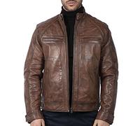 TruClothing Men's Biker Jacket Outwear Windproof Winter Motorcycle Rider Real Leather Jackets Coat Retro - Timber S