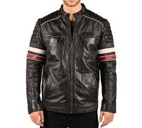 TruClothing Men's Biker Jacket Outwear Windproof Winter Racing Real Leather Jackets Coat Stripe - Black M