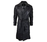TruClothing Mens Black 3/4 Mac Long Real Leather Classic Belted Punk Jacket Coat Vintage 80s - Black 5XL