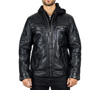 TruClothing Men's Black Hooded Genuine Leather Motorcycle Biker Jacket - Black XL