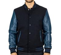 TruClothing Men's Black Navy Varsity Bomber Jacket Wool Body Real Leather Sleeves College Baseball Coat - Black Navy XXL