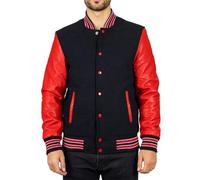 TruClothing Men's Black Red Varsity Bomber Jacket Wool Body Real Leather Sleeves College Baseball Coat - Black Red M