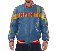 TruClothing Men's Blue Motorcycle Jacket Real Leather Biker Bomber with American Flag Patch Racing Style Coat - Blue 5XL