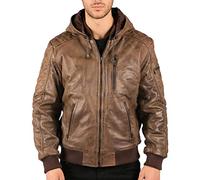 TruClothing Men's Bomber Jacket Outwear Windproof Winter Distressed Real Leather Jackets Coat Hood - Brown L