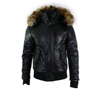 TruClothing Men's Bomber Jacket Outwear Windproof Winter Puffer Real Leather Jackets Coat Fur Hood - Black M