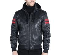TruClothing Men's Bomber Jacket Outwear Windproof Winter Real Leather Jackets Coat Quilted Hood - Black XL
