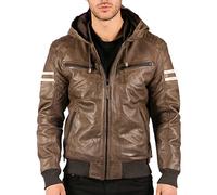 TruClothing Men's Bomber Jacket Outwear Windproof Winter Real Leather Jackets Coat Quilted Hood - Brown XL