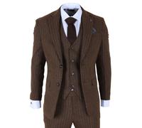 TruClothing Mens Brown Pinstripe 3 Piece Slim Fit Formal Dinner Suit Wool - Size 52" (Chest) 46" (Waist)