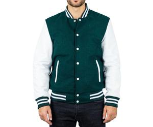 TruClothing Men's Green White Varsity Bomber Jacket Wool Body Real Leather Sleeves College Baseball Coat - Green White 3XL
