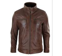 TruClothing Men's Leather High Collar Zipped Biker Jacket in Brown | Size: 3XL TruClothing Brown 3XL