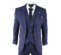 TruClothing Mens Navy Blue 3 Piece Tweed Herringbone Suit Peaky Blinders Classic Tailored - Navy - 40" Jacket 34" Trousers