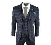 TruClothing Mens Navy Blue Check 3 Piece Tweed Suit Peaky Blinders 1920s Gatsby Tailored Fit - Navy - 40" Jacket 34" Trousers