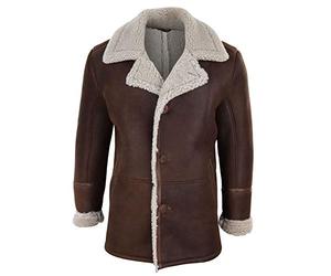 TruClothing Mens Real Sheepskin Coat Button Vintage German WW2 Captain Marine Jacket - Brown XL