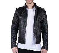 TruClothing Mens Retro Real Leather Black Brown Washed Racer Jacket Biker Zipped Slim - Black XXL