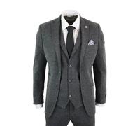 Mens Grey Black 3 Piece Tweed Suit Herringbone Wool Vintage Retro