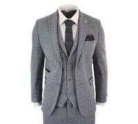 TruClothing STZ11 - Men's Light Grey 3 Piece Tweed Suit Herringbone Wool - 40" Jacket 34" Trousers