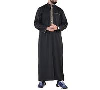 TruClothing Mens Thobe Jubba Nehru Stand Collar Islamic Clothing Muslim Cotton Kaftan Embroidery Eid Robe Saudi - Black XXL - 60