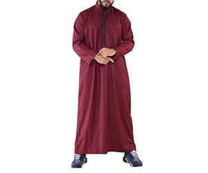 TruClothing Mens Thobe Jubba Nehru Stand Collar Islamic Clothing Muslim Cotton Kaftan Embroidery Eid Robe Saudi - Wine XL - 58