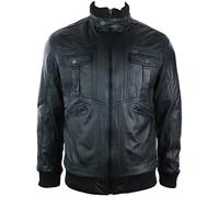 TruClothing Men's Urban Leather Bomber Jacket High Collar Zipped Pockets Black - 2XL