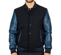 TruClothing Men's Black Navy Varsity Bomber Jacket Wool Body Real Leather Sleeves College Baseball Coat - Black Navy XL