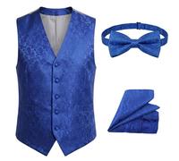 TruClothing Men's Paisley Waistcoat Set 3 Piece Jacquard Floral Dress Vest with Matching Bow Tie & Pocket Square - Blue XL