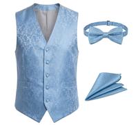 TruClothing Men's Paisley Waistcoat Set 3 Piece Jacquard Floral Dress Vest with Matching Bow Tie & Pocket Square - Sky L