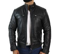 TruClothing Men's Biker Jacket Outwear Windproof Winter Motorcycle Rider Real Leather Jackets Coat Retro - Black XXL