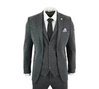 Mens Grey Black 3 Piece Tweed Suit Herringbone Wool Vintage Retro