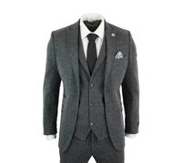 TruClothing STZ11 - Men's Grey Black 3 Piece Tweed Suit Herringbone Wool - 46" Jacket 40" Trousers