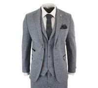 TruClothing STZ11 - Men's Light Grey 3 Piece Tweed Suit Herringbone Wool - 42" Jacket 36" Trousers